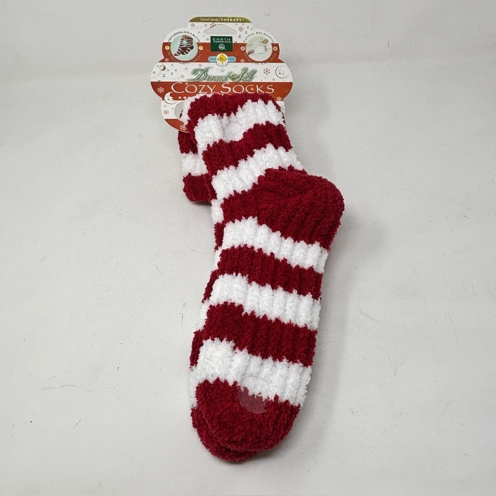 New EARTH THERAPUTICS Women’s Red White Stripe Cabin Socks Slippers Shea Butter